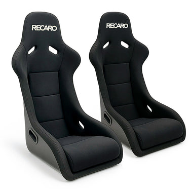 A pair of black velour Recaro Pole Position RCF Infusion Limited Edition racing bucket seats